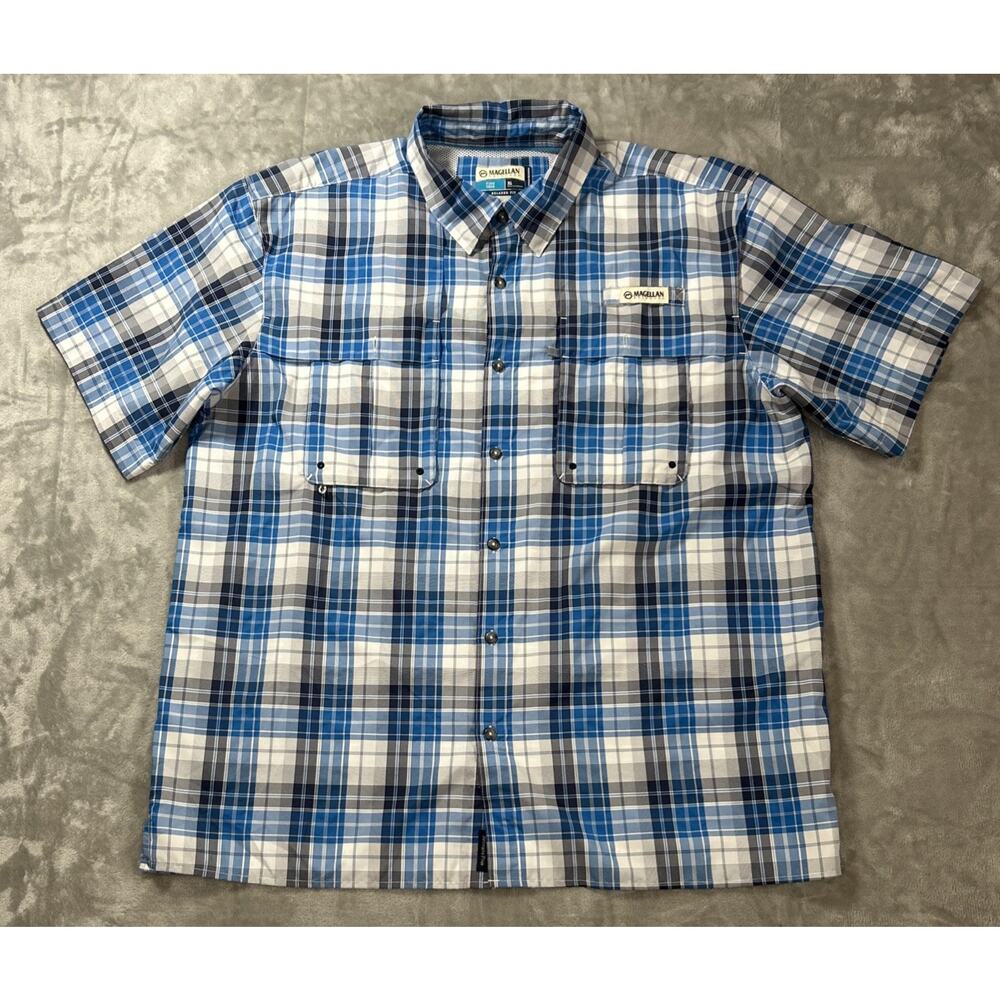 Magellan Fish Gear Relaxed Fit Moisture Wicking Men’s Blue Striped Shirt Size XL